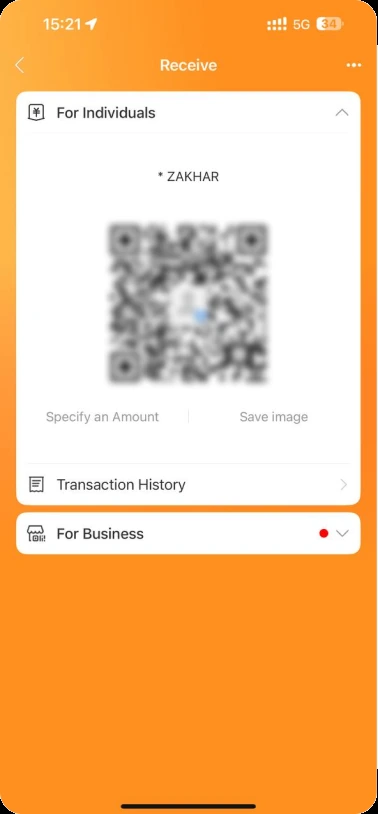 Экран Receive Money в приложении Alipay: оранжевая шапка, режим For Individuals